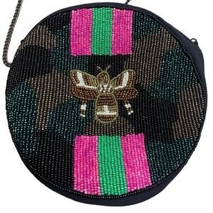 Shirdee Cotton Beaded Camo Bee Circle Bag With Metal Crossbody Strap